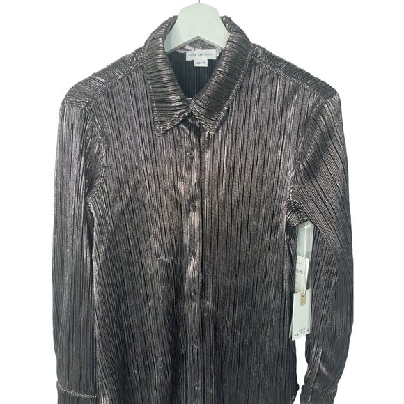 Good American Chrome Lamé Plissé Button Shirt - Picture 3 of 9